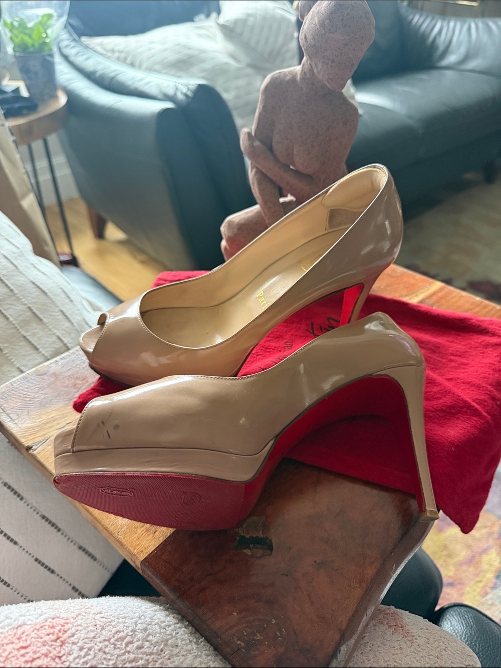 Christian Louboutin Beige Patent Peep-Toe Pumps with Red Sole
